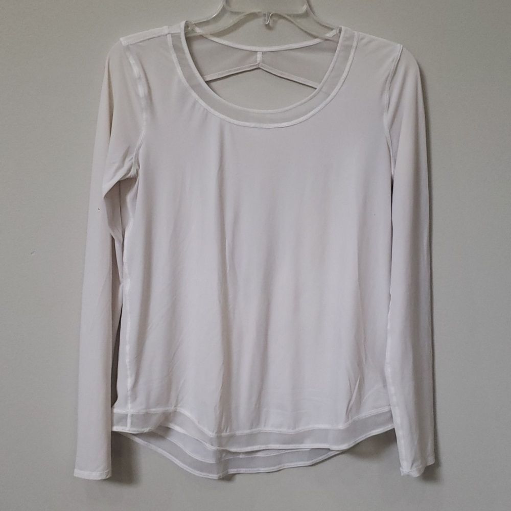 Lululemon Top Womens M White Backless L/S Sheer Trim Yoga Sport Shirt Athleisure